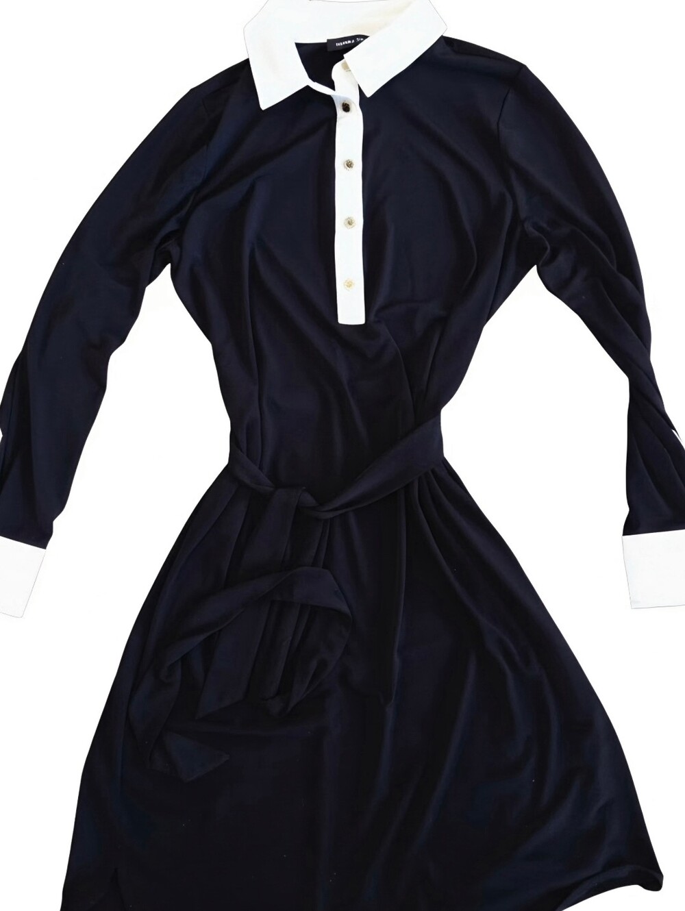 Ivanka Trump Black Matte Jersey Shirt Dress - White Contrast Collar & Cuffs - Sm
